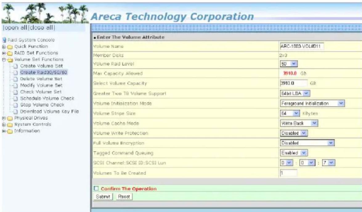 Areca Technology Corporation Open all|close all| Raid System Console Quick Function RAID Set Functions Volume Set Functions Create Volume Set Create Raid30/50/60 Delete Volume Set Modify Volume Set Check Volume Set Schedule Volume Check Stop Volume Check Download Volume Key File Physical Drives Syst…