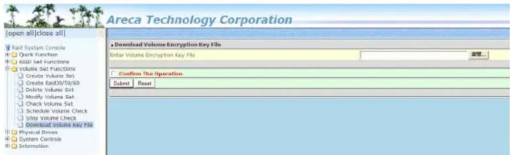 Areca Technology Corporation [open all|close all] Load System Console Dark Function KNUD Set Functions Volume Set Functions Create Volume Set Create Read30/59/60 Delete Volume Set Modify Volume Set Check Volume Set Schedule Volume Check Stop Volume Check Download Volume Key File Physical Drive Syste…