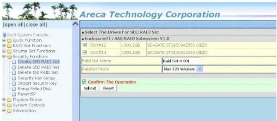 Areca Technology Corporation |open all|close all| Paid System Console Quick Function RAID Set Functions Volume Set Functions Security Functions Create SED RAID Set Delete SED RAID Set Delete ISE RAID Set Security Key Setup Import Security Key Erase Failed Disk RevertSP Physical Drives System Control…