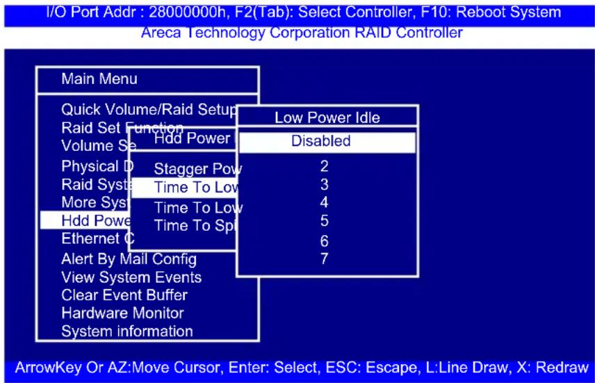 I/O Port Addr : 28000000h, F2(Tab): Select Controller, F10: Reboot System Areca Technology Corporation RAID Controller Main Menu Quick Volume/Raid Setup Raid Set Function Volume Set Hdd Power Physical D Stagger Pow 2 Raid Syst Time To Low 3 More Sys Time To Low 4 Hdd Pow Time To Sp 5 Ethernet C 6 Al…