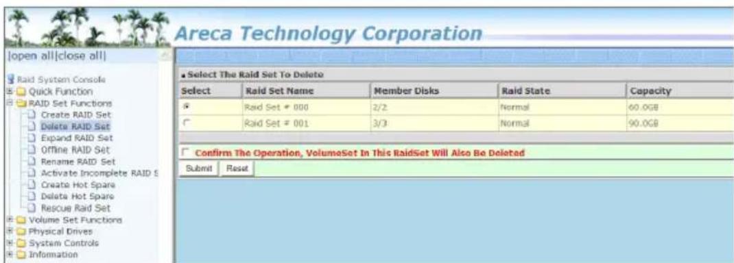 Areca Technology Corporation [open all|close all] Raid System Console Quick Function RAID Set Functions Create RAID Set Delete RAID Set Expand RAID Set Offline RAID Set Rename RAID Set Activate Incomplete RAID S Create Hot Spare Delete Hot Spare Rescue Raid Set Volume Set Functions Physical Drives S…