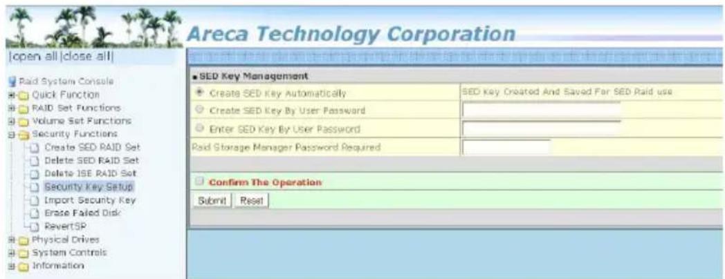 Areca Technology Corporation Open all |close all | Paid System Console Quick Function RAID Set Functions Volume Set Functions Security Functions Create SED RAID Set Delete SED RAID Set Delete ISE RAID Set Security Key Setup Import Security Key Erase Failed Disk RevertSP Physical Drives System Contro…