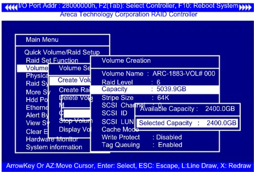I/O Port Addr : 28000000h, F2(Tab): Select Controller, F10: Reboot System Areca Technology Corporation RAID Controller Main Menu Quick Volume/Raid Setup Raid Set Function Volume Volume Volume Creation Volume Name : ARC-1883-VOL# 000 Raid Level : 6 Capacity : 5039.9GB Stripe Size : 64K Available Capa…