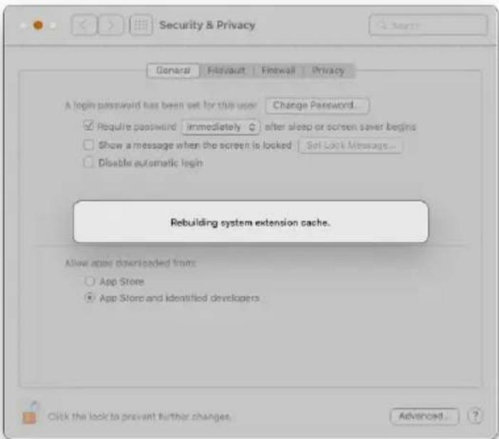 Security & Privacy General Default Finewall Privacy A login password has been set for this user Change Password... ✓ Require password immediately after sleep or screen saver begins □ Show a message when the screen is locked Sof Lock Message... □ Disable automatic login Rebuilding system extension ca…