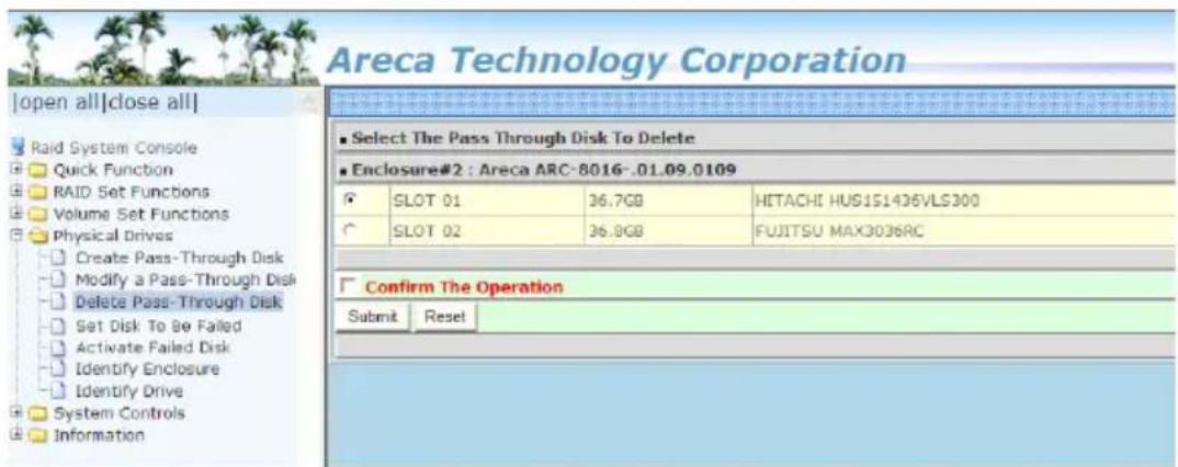 Areca Technology Corporation |open all|close all| Raid System Console Quick Function RAID Set Functions Volume Set Functions Physical Drives Create Pass-Through Disk Modify a Pass-Through Disk Delete Pass-Through Disk Set Disk To Be Failed Activate Failed Disk Identify Enclosure Identify Drive Syste…
