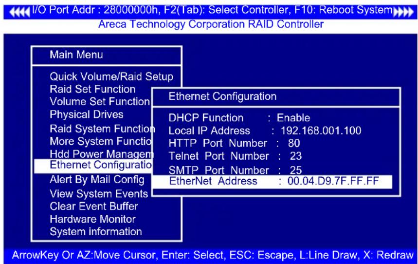 I/O Port Addr : 28000000h, F2(Tab): Select Controller, F10: Reboot System Areca Technology Corporation RAID Controller Main Menu Quick Volume/Raid Setup Raid Set Function Volume Set Function Physical Drives Raid System Function More System Function Hdd Power Management Ethernet Configuration Alert B…