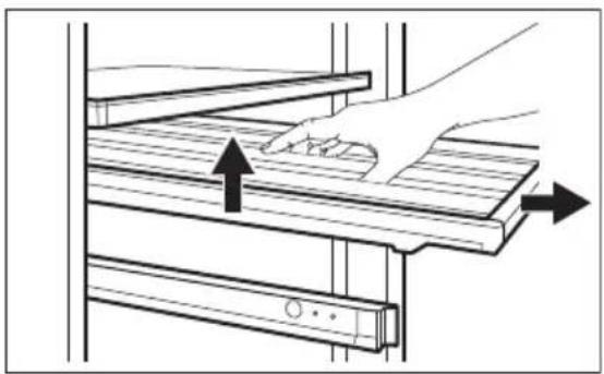 Diagram showing a hand pressing down on a wooden shelf with arrows indicating movement (no text or symbols)