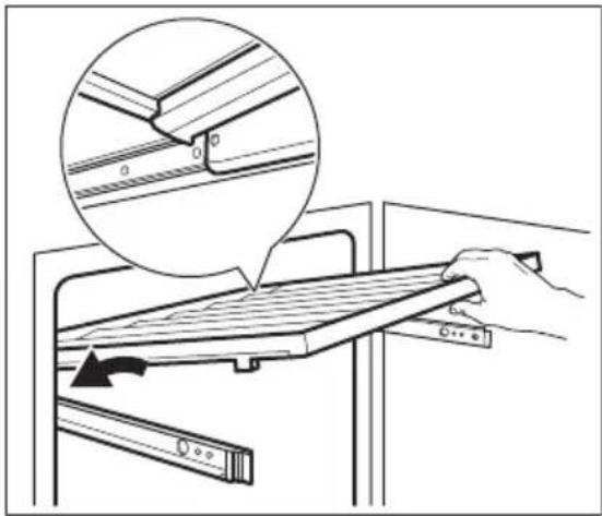 Diagram showing a hand holding a tray with a magnified inset of a metal bracket (no text or symbols present)