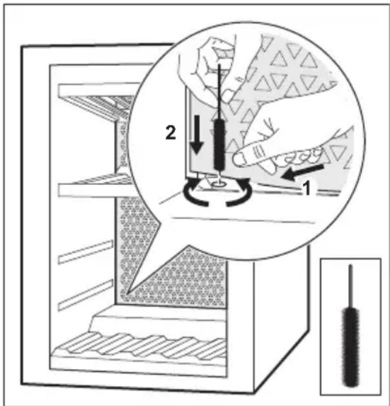 Diagram illustrating a sewing process on an appliance, showing steps 1 and 2 with labeled parts and a magnified view of the sewing process.