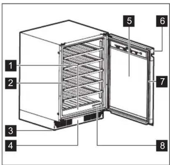 Labeled diagram of an open refrigerator interior with numbered parts for identification