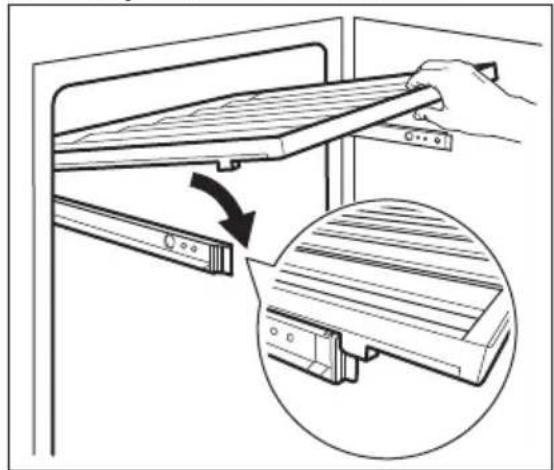 Diagram showing a hand holding a tray with an arrow indicating rotation, alongside a magnified inset of a wooden shelf (no text or symbols).