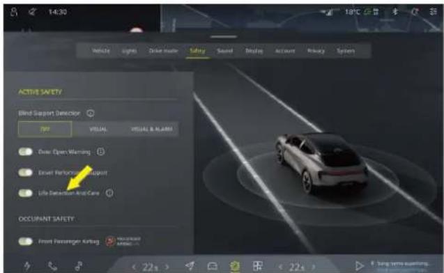 14:30 Vehicle Light Drive mode Safety Sound Display Account Privacy System ACTIVE SAFETY Blind Support Demo scope TIP VISUAL VISUAL & ALERTS Over Open Warning Enter Performance Request Life Detection Alert Care OCCUPANT SAFETY Front Passenger Airbag 22% 22%
