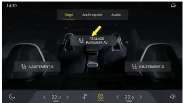 14:30 Siège Accès rapide Audio RÉGLAGE PASSAGER AV AJUSTEMENT G AJUSTEMENT D < 22.0 > SYNC < 22.0 > SYNC