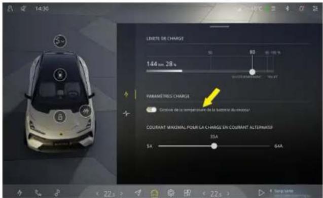 14:30 LIMITE DE CHARGE 144 µm 28 s PARAISTRES CHARGE • Coupier de la température de la bouteur du strooeur/ COUANT MAXIMAL POUR LA CHARGE EN COUANT ALTERNATIF 35A 64A