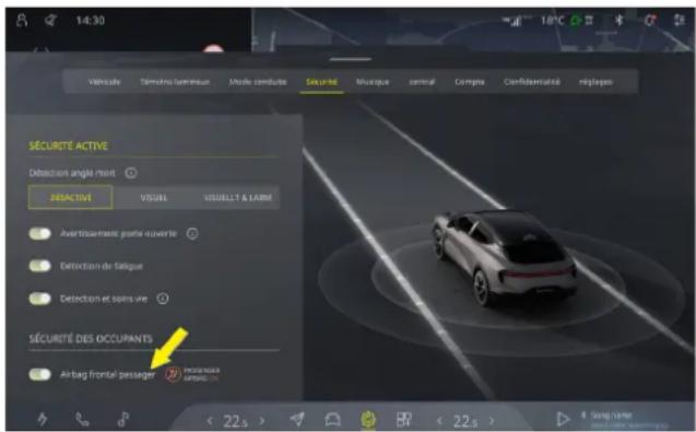 14:30 Véhicale Témetris luminaire Mode conduite Sécurité Musque central Comps Confélementaté néglages SÉCURITÉ ACTIVE Détection angle must SÉACTIVE VISUEL VISUELLT & L'ARM Avantissement parte ouverte Détection de fatigue Détection et soins vie SÉCURITÉ DES OCCUPANTS Airbag frontal passager PASSENGER…