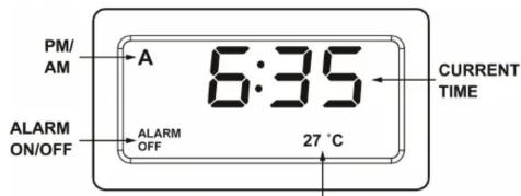 PM/ AM A 6:35 ALARM ON/OFF ALARM OFF 27 °C CURRENT TIME