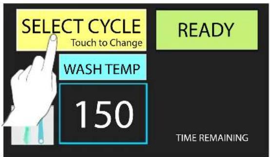 SELECT CYCLE Touch to Change READY WASH TEMP 150 TIME REMAINING