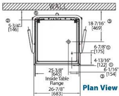 WALL 5-3/4" [146] 18-7/16" [469] 6-7/8" [175] 4-13/16" [122] 6-1/16" [154] 25-3/8" [645] Inside Table Flange 26-7/8" [683] Plan View