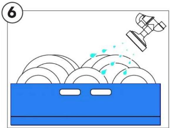 Diagram showing a spray gun spraying particles into a blue container with white circular patterns (no text or symbols)