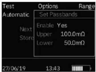 Test Automatic Set Passbands Enable Yes Upper 100.0mΩ Lower 50.0mΩ Next Store 27/06/19 13:43