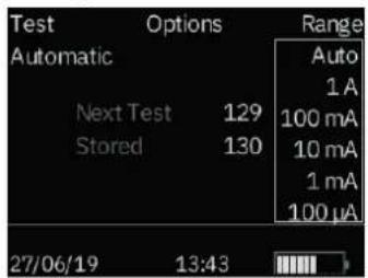 Test Automatic Options Next Test Stored 129 130 Range Auto 1 A 100 mA 10 mA 1 mA 100 µA 27/06/19 13:43