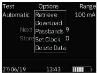 Test Automatic Next Store Options Retrieve Download Passbands Set Clock Delete Data Range 100 mA 27/06/19 13:43