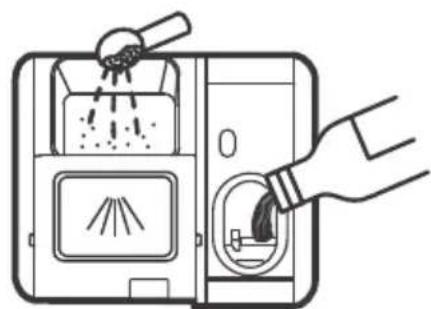Line drawing of a kitchen appliance with a hand pouring liquid into a sink (no text or symbols).