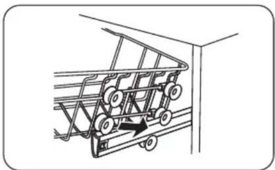 Line drawing of a shopping cart with wheels and an arrow indicating motion.