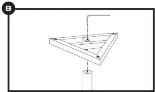Technical line drawing of a triangular frame structure with a vertical support and a cylindrical base (no text or symbols)