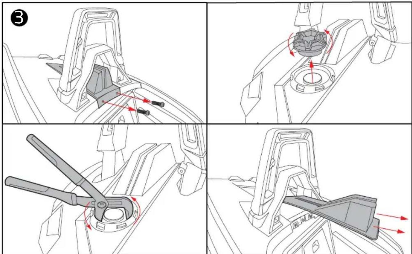Technical diagram illustrating mechanical assembly steps with labeled components and directional arrows