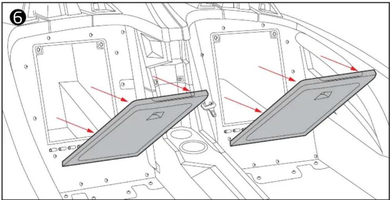 Technical diagram of a vehicle's internal components, showing two gray metal panels with red directional arrows indicating movement or force (no text or symbols present)