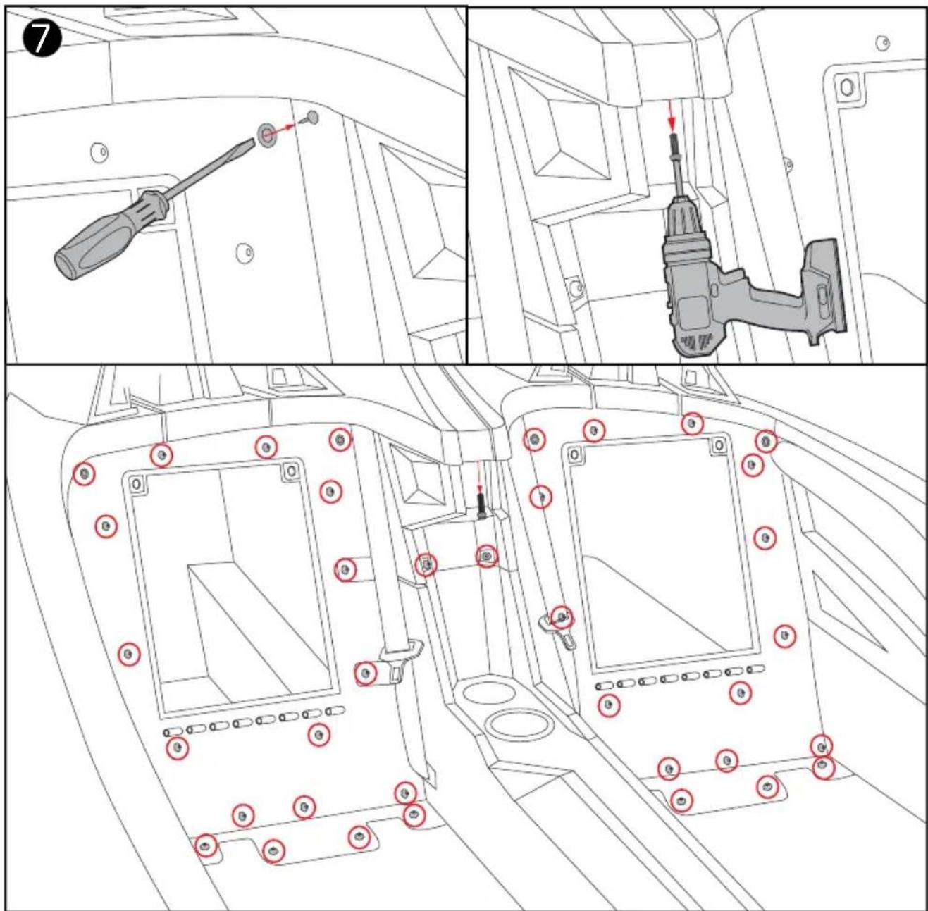 Technical diagram showing screwdriver tool installation and assembly steps in a vehicle cabin, with numbered annotations for each step.
