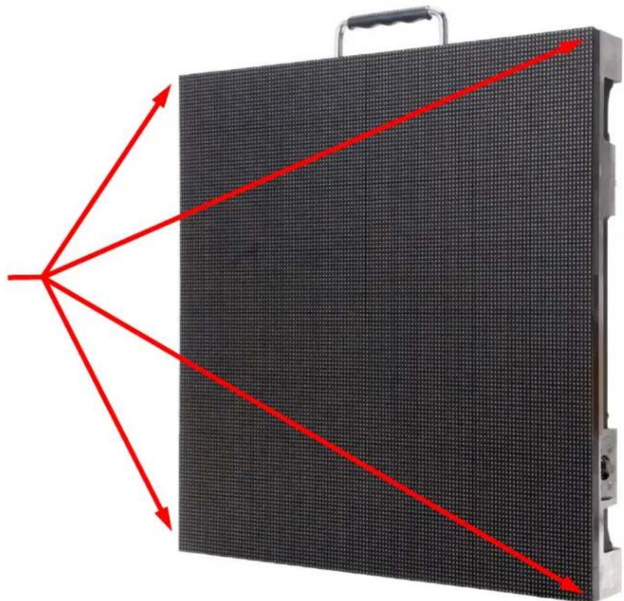 Exterior view of a black LED display panel with red directional arrows indicating light rays (no text or symbols)