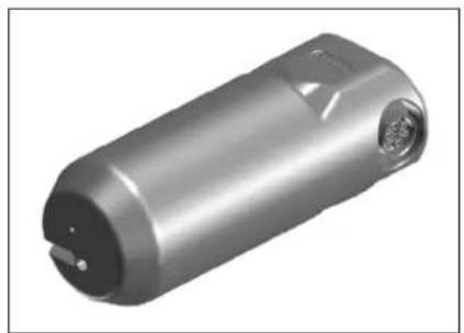 3D rendered image of a metallic cylindrical electronic device with a black base and circular ports (no text or symbols visible)