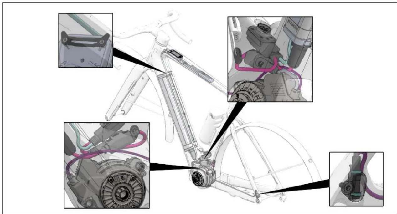 Mechanical assembly diagram showing motor components and wiring connections (no text or labels)