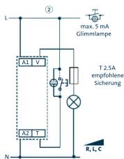 L ② max. 5 mA Glimmilampe A1 V T 2.5A empfohlene Sicherung A2 T N R, L, C