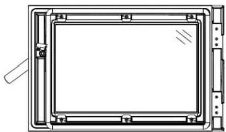 Technical line drawing of a rectangular frame with mounting brackets and side connectors (no text or symbols)
