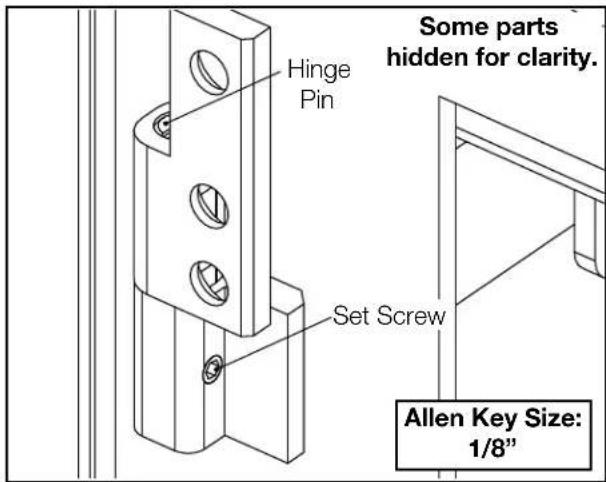 Some parts hidden for clarity. Hinge Pin Set Screw Allen Key Size: 1/8"