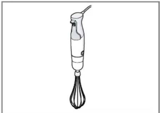 Line drawing of a hand mixer with a whisk (no text or symbols)