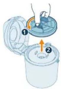 Diagram showing a container with two labeled parts, one open and one filled, with arrows indicating flow or movement.