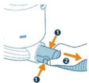 Diagram showing a hand holding a device with labeled parts 1 and 2, indicating a step in the process.