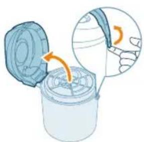 Illustration of a hand pouring liquid into a container with an open lid, showing a hand gesture (no text or symbols)