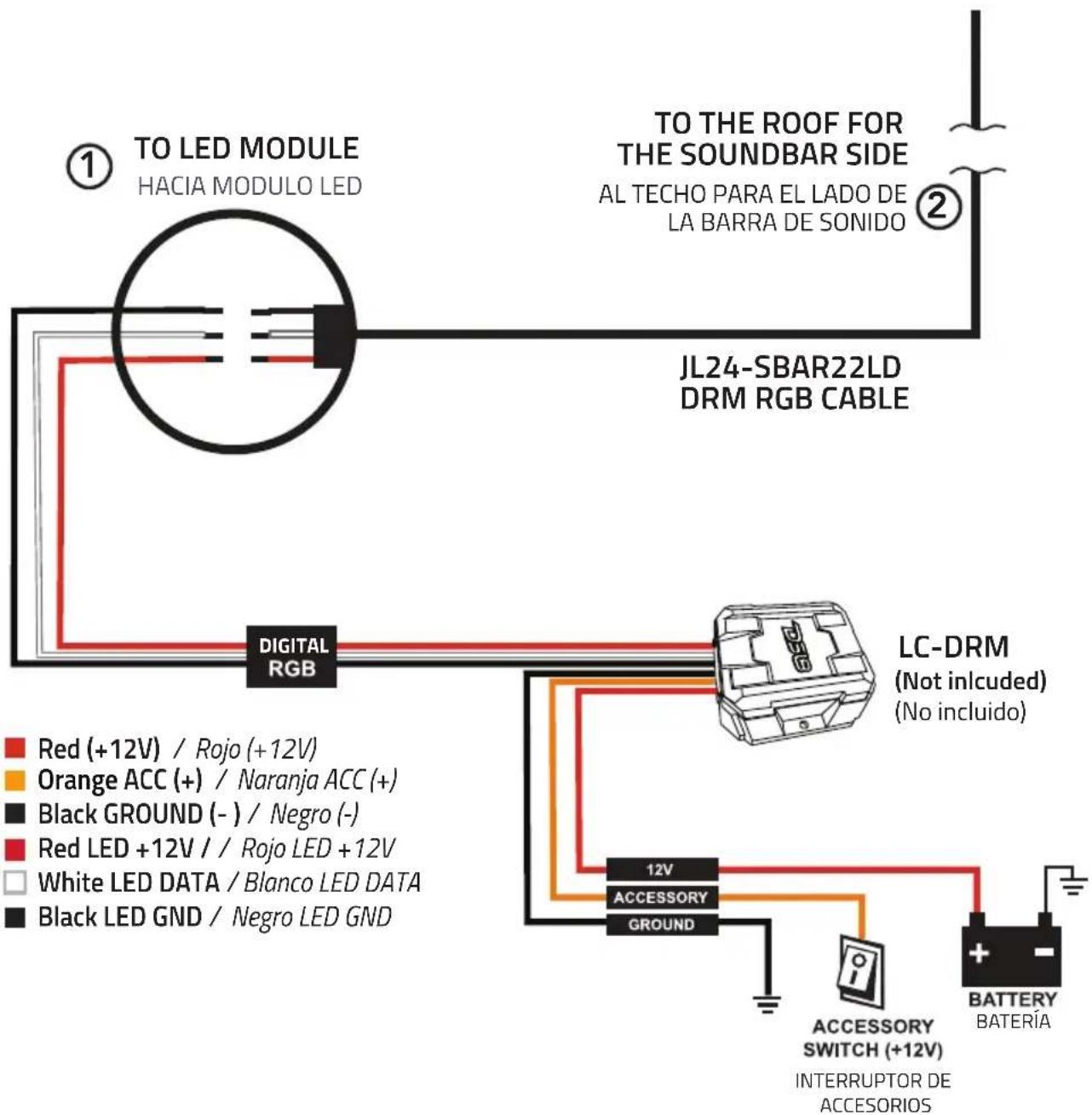 ① TO LED MODULE HACIA MODULO LED TO THE ROOF FOR THE SOUNDBAR SIDE AL TECHO PARA EL LADO DE LA BARRA DE SONIDO ② JL24-SBAR22LD DRM RGB CABLE DIGITAL RGB LC-DRM (Not inlcuded) (No incluido) Red (+12V) / Rojo (+12V) Orange ACC (+) / Naranja ACC (+) Black GROUND (-) / Negro (-) Red LED +12V / Rojo LED…