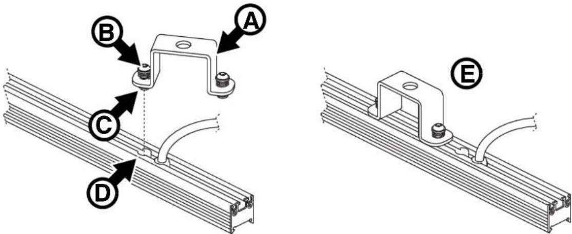Technical diagram showing two mechanical assembly configurations labeled A, B, C, D, and E with arrows indicating assembly steps.