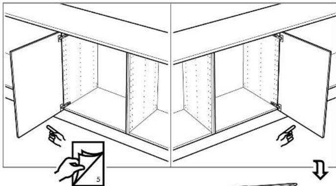 Schéma d'une armoire avec portes ouvertes et compartiments internes, montrant le positionnement des mains et les étapes de pliage (sans texte ni symboles)