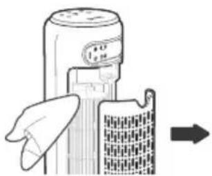 Illustration of a hand holding a cylindrical device next to a textured surface, with an arrow indicating direction (no text or symbols)
