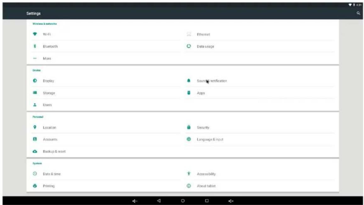 Settings Wireless & networks Wi-Fi Bluetooth More Ethernet Data usage Device Display Storage Users Sound¬ification Apps Personal Location Accounts Backup & reset Security Language & input System Date & time Printing Accessibility About tablet