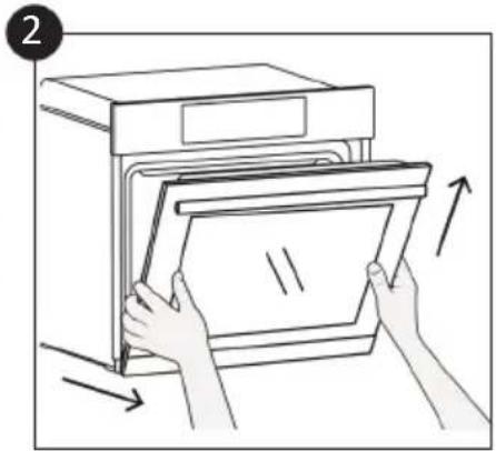 Illustration of hands installing or opening a cabinet panel into an oven (no text or symbols present)
