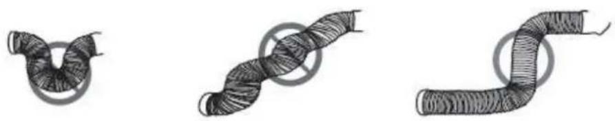 Three hand-drawn pipe illustrations showing different types of coiled or twisted structures (no text or symbols)