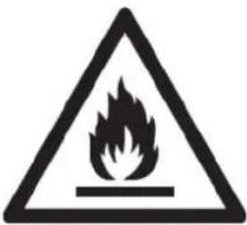 Warning sign depicting a flame symbol in a triangular shape, commonly used to indicate hazardous materials or hazard.